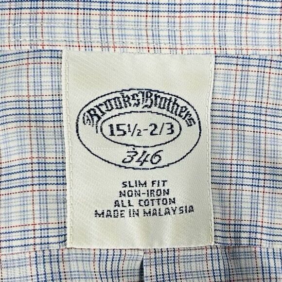 Brooks Brothers 15.5 32/33 Slim Fit Non Iron Dress Shirt Red White Blue Plaid - Picture 3 of 5